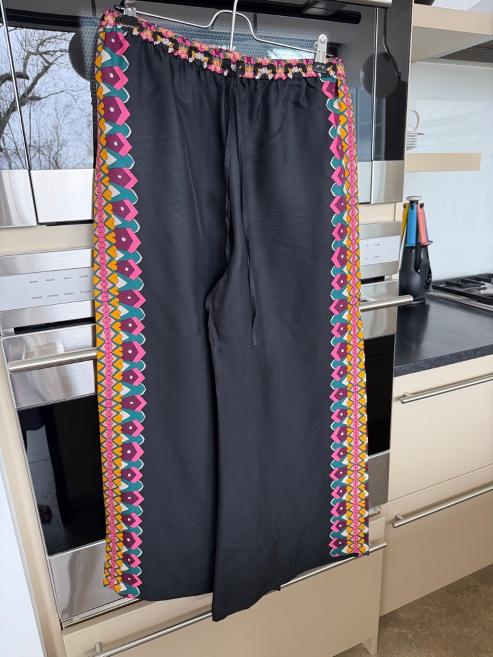 Jade Black Pants with Pink, Teal and Yellow Geometric Trim